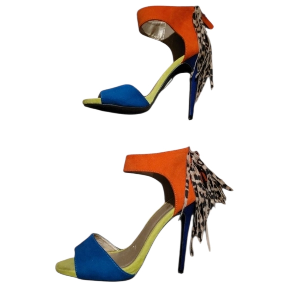 QUPID Stiletto Colorblock Zip Up Heels Multicolored Cheetah Print Fringes Size 8